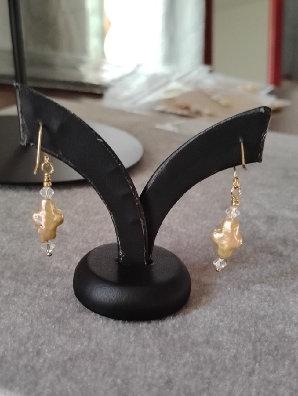 Hand Crafted Gold Pearl Cross Drop Earrings - Picture 4 of 5